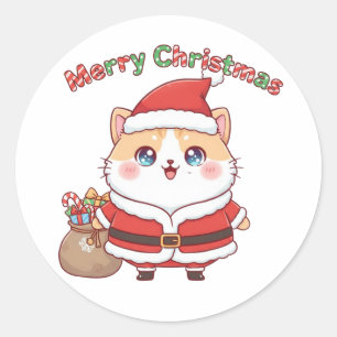 Kawaii Weihnachtsmann Katze Frohe Weihnachten Gesc Runder Aufkleber