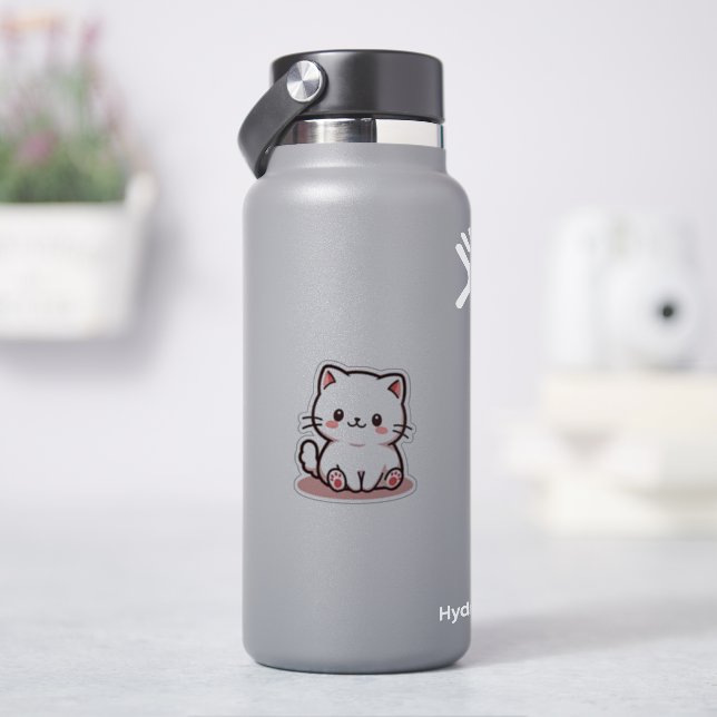 Kawaii White Kitten mit rosa Wangen Aufkleber (HydroFlask)