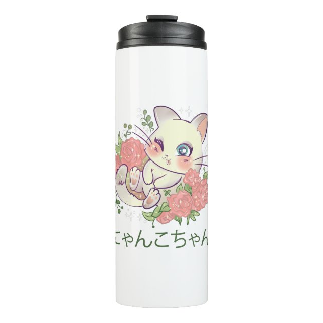 Kawaii White Kitty Thermosbecher (Vorderseite)