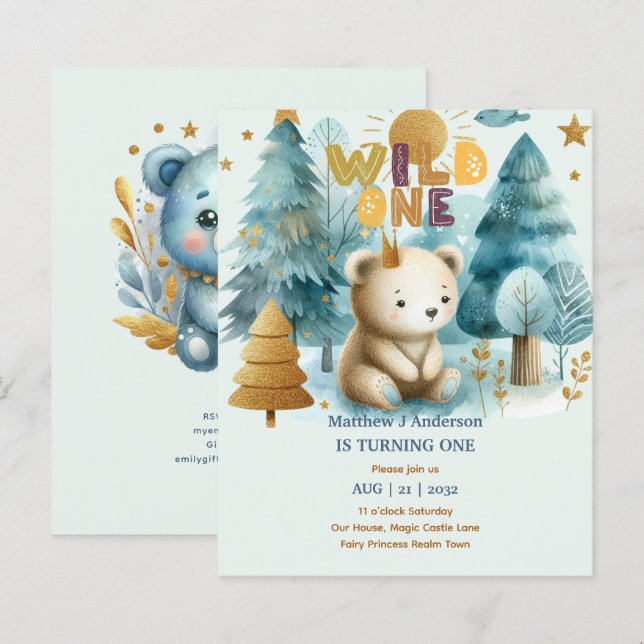 Kawaii WILD ONE 1. Geburtstag Boys BEAR Woodland (Vorne/Hinten)