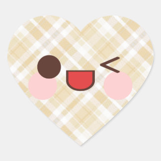 Kawaii Winking Face Brown Kariert Herz-Aufkleber