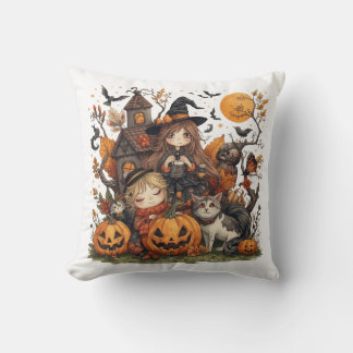 Kawaii Witches with Ghost Puppy and Pumpkins Kissen