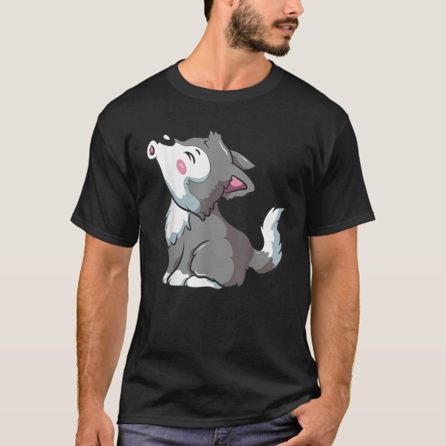 Kawaii Wolf Howling Gray Pup Funny Animal Lover Cu T-Shirt (Vorderseite)