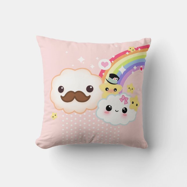 Kawaii Wolkenpaare mit Regenbogen und Sternen Kissen (Vorderseite)