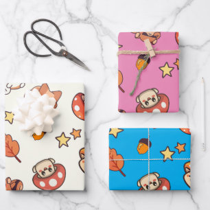 Kawaii Woodland Tiere und Pilze Muster Geschenkpapier Set