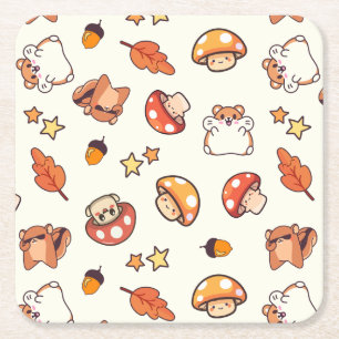 Kawaii Woodland Tiere und Pilze Muster Rechteckiger Pappuntersetzer