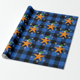 Kawaii Xmas Starfish auf Blue Buffalo Muster Geschenkpapier