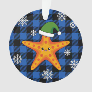 Kawaii Xmas Starfish auf Blue Buffalo Muster Ornament