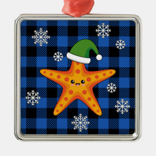 Kawaii Xmas Starfish auf Blue Buffalo Muster Ornament Aus Metall