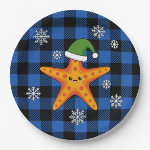 Kawaii Xmas Starfish auf Blue Buffalo Muster Pappteller
