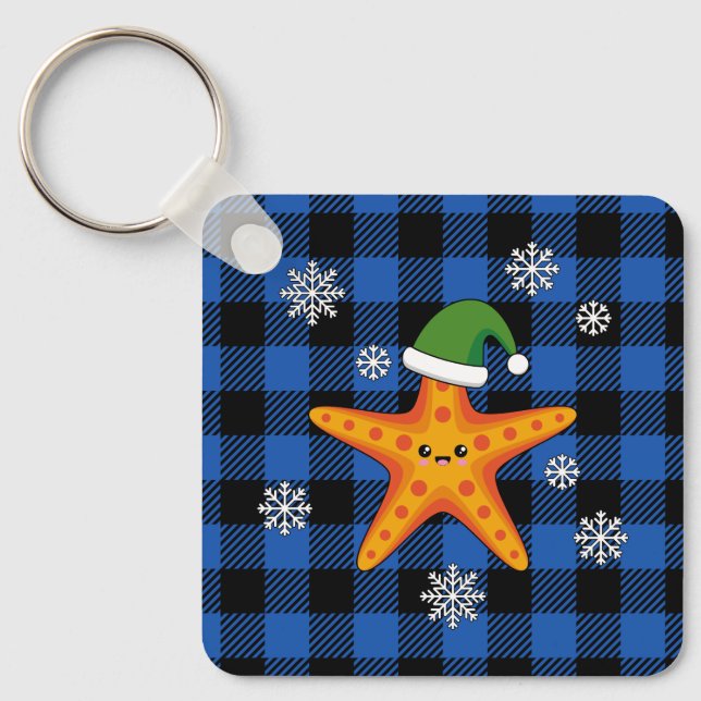 Kawaii Xmas Starfish auf Blue Buffalo Muster Schlüsselanhänger (Vorderseite)