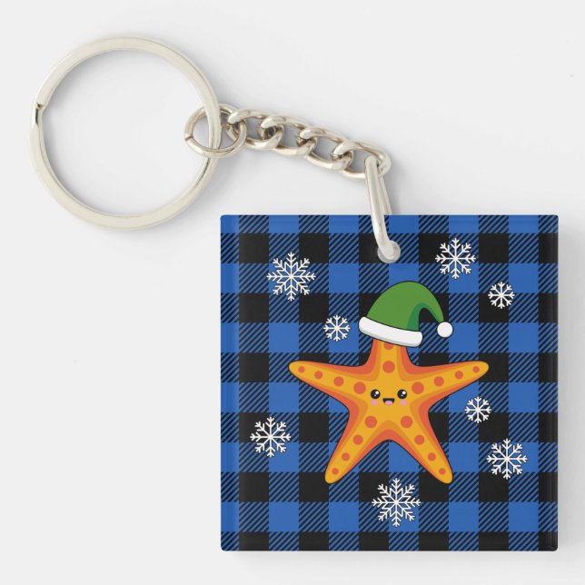 Kawaii Xmas Starfish auf Blue Buffalo Muster Schlüsselanhänger (Vorderseite)