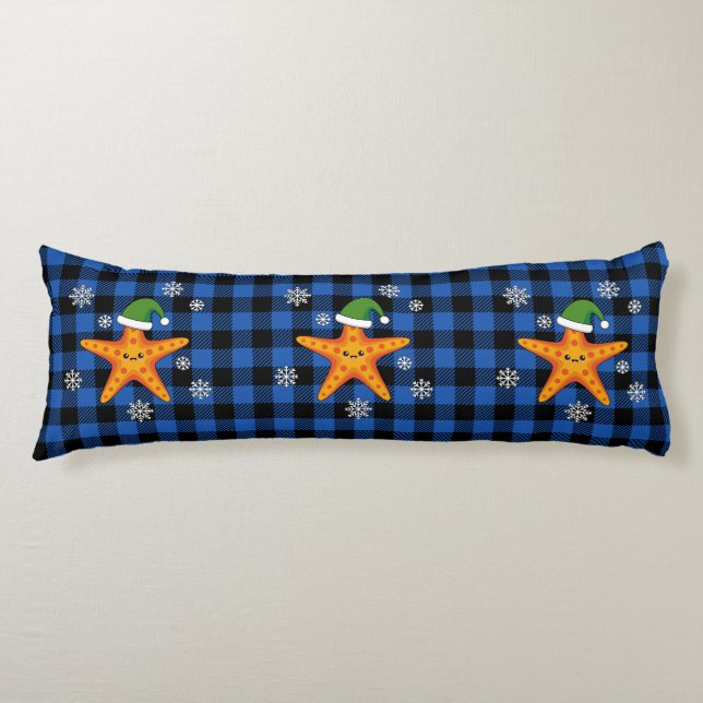 Kawaii Xmas Starfish auf Blue Buffalo Muster Seitenschläferkissen (Vorderseite)