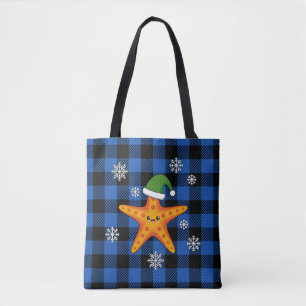 Kawaii Xmas Starfish auf Blue Buffalo Muster Tasche