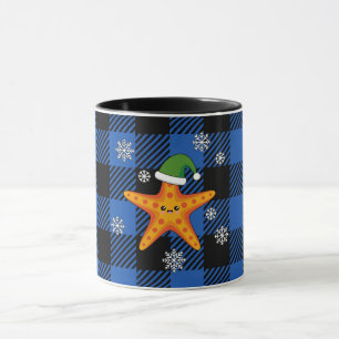 Kawaii Xmas Starfish auf Blue Buffalo Muster Tasse