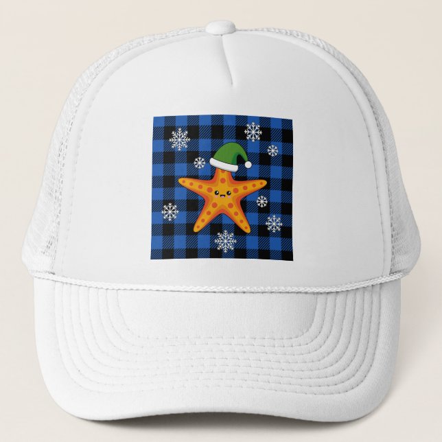 Kawaii Xmas Starfish auf Blue Buffalo Muster Truckerkappe (Vorderseite)