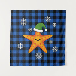 Kawaii Xmas Starfish auf Blue Buffalo Muster Wandteppich