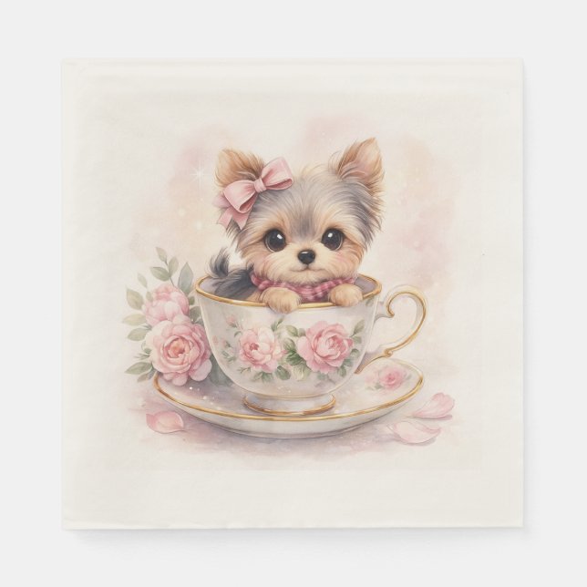Kawaii Yorkie Teacup Birthday Napkins Serviette (Vorderseite)