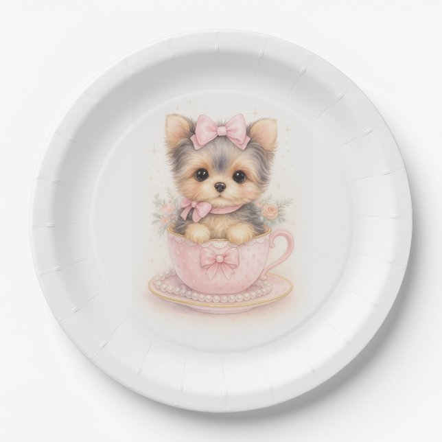 Kawaii Yorkie Teacup Birthday Paper Plate Pappteller (Vorderseite)