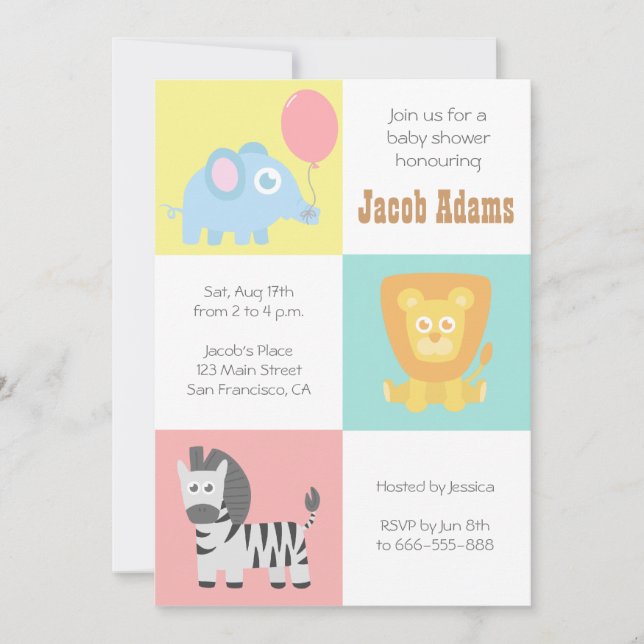 Kawaii Zoo-Tier-Thema-Babyparty laden ein Einladung (Vorderseite)
