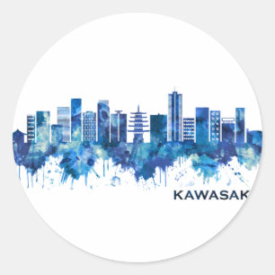 Kawasaki Japan Skyline Blue Runder Aufkleber