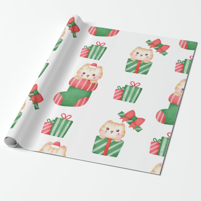 Kaweii Katzen zu Weihnachten Strumpf und Geschenke Geschenkpapier (Ungerollt)