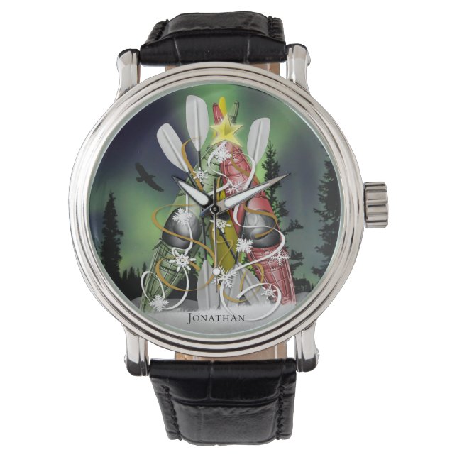 Kayak Christmas Tree Aurora Borealis Kajak Armbanduhr (Vorderseite)