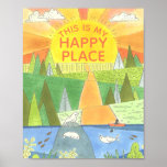 Kayak Sunrise mit Siegeln Happy Place Poster<br><div class="desc">Das ist mein Happy Place mit einem Kunstwerk eines hellen Sonnenaufgangs über einem friedlichen Fluss,  mit eigenartigen Siegeln,  die einen Kajakfahrer sehen. Ideal für diejenigen,  die Liebe auf dem Fluss. Inspiriert von der Schönheit von Maine und meinem Sohn,  der zum Kajak Lieben!</div>