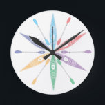 Kayak Time Runde Wanduhr<br><div class="desc">Kayak Time colorful clock. It's always kayak time with these cheery kayaks forming the background for this colorful clock face.</div>