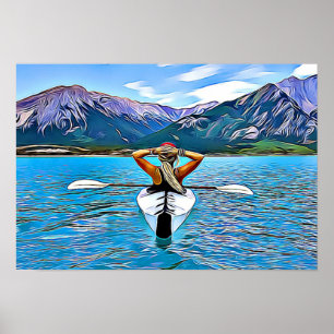 Kayaking on the Ocean by the Mountains Poster