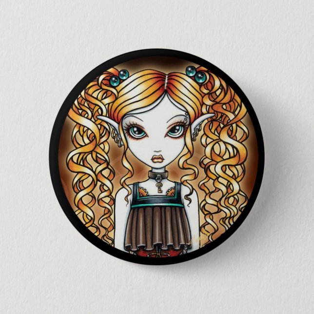"Kayla" Steampunk Fee naher hoher Pinback Knopf Button (Vorderseite)