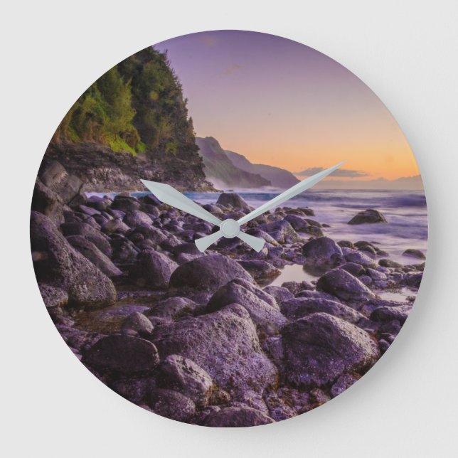 Ke'e Beach bei Sunrise, Kauai, Hawaii Große Wanduhr (Vorderseite)