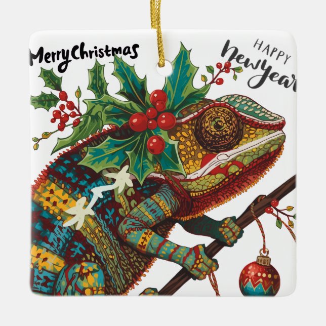 Keep Calm and Merry On Holiday Chameleon Ornament (Vorderseite)