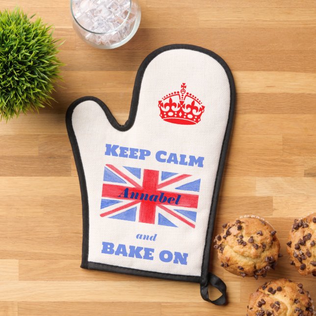 Keep Calm Bake On Union Jack British Flag NAME (De haut en bas)