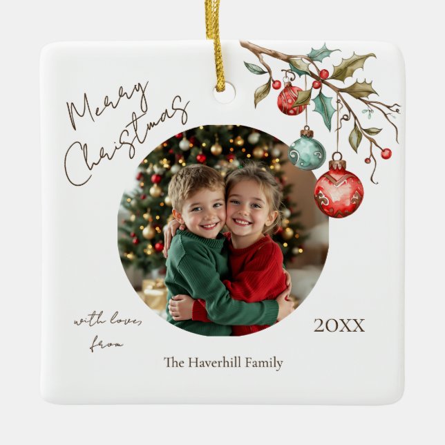Keepake Foto Elegante Wasserfarben Weihnachten Keramikornament (Vorderseite)