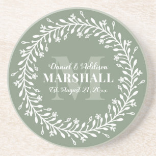 Keepake Newlyly Couple Green Wreath Monogram Getränkeuntersetzer