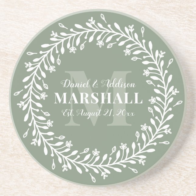 Keepake Newlyly Couple Green Wreath Monogram Getränkeuntersetzer (Vorne)