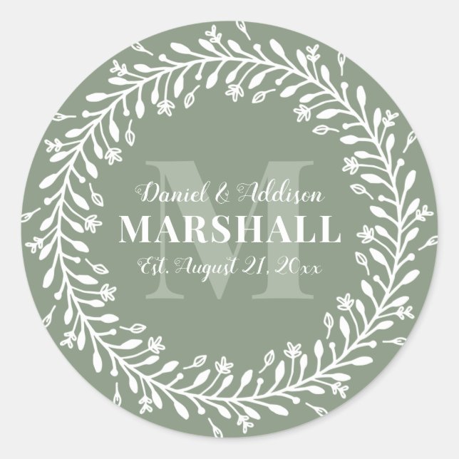 Keepake Newlyly Couple Green Wreath Monogram Runder Aufkleber (Vorderseite)
