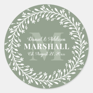 Keepake Newlyly Couple Green Wreath Monogram Runder Aufkleber