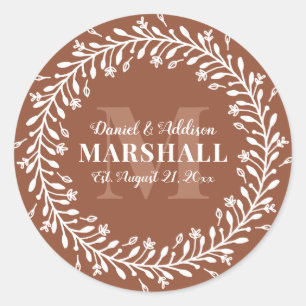 Keepake Newlyly Couple Orange Wreath Monogram Runder Aufkleber