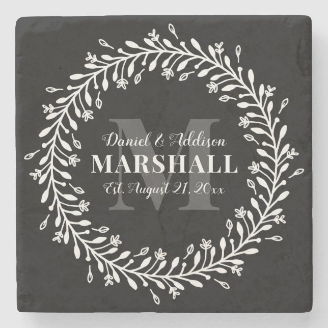 Keepake Newlyly Couple Wreath Monogram Name Steinuntersetzer (Vorderseite)
