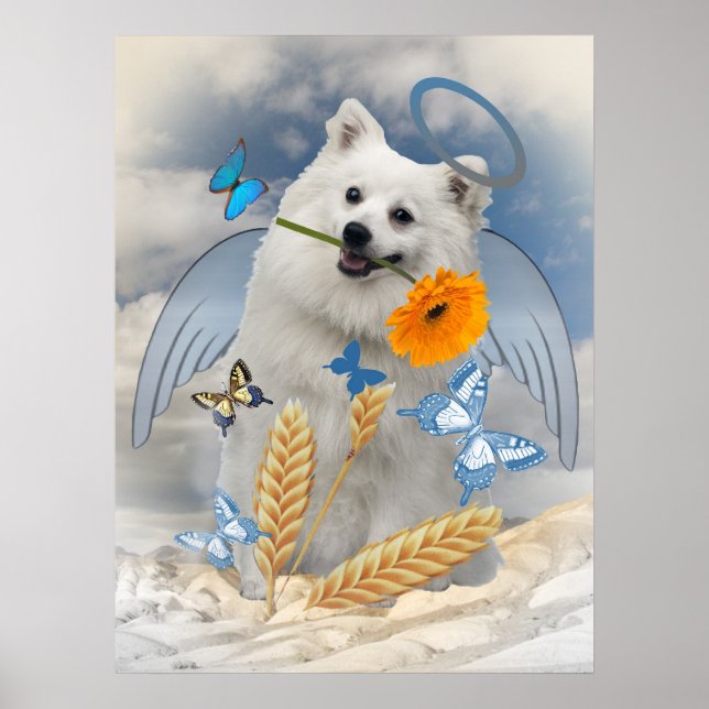 Keeshond Angel steht für Schmetterlingskunst Poster (Vorne)