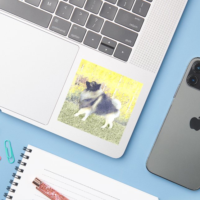 Keeshond Aspen Painting - Niedliche Originalkunst Aufkleber (Laptop mit iPhone)