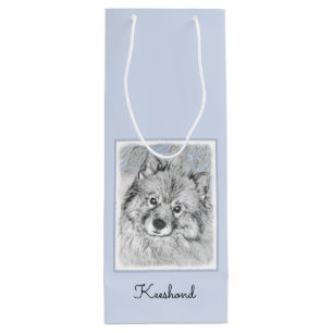 Keeshond Beth Painting - Niedliche Originalkunst d Geschenktüte Für Weinflaschen