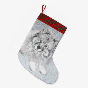 Keeshond Beth Painting - Niedliche Originalkunst d Kleiner Weihnachtsstrumpf