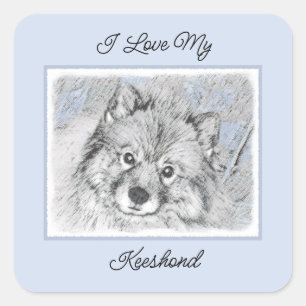 Keeshond Beth Painting - Niedliche Originalkunst d Quadratischer Aufkleber