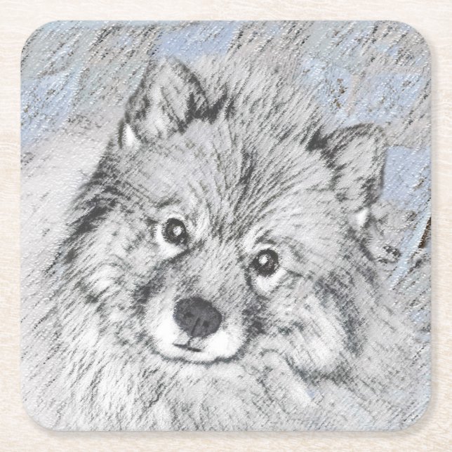 Keeshond Beth Painting - Niedliche Originalkunst d Rechteckiger Pappuntersetzer (Vorderseite)