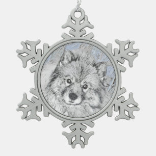 Keeshond Beth Painting - Niedliche Originalkunst d Schneeflocken Zinn-Ornament