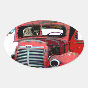 Keeshond Christmas Old Truck Malerei Hund Art Ovaler Aufkleber