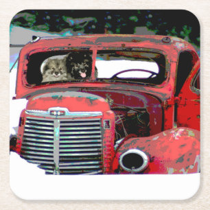 Keeshond Christmas Old Truck Malerei Hund Art Rechteckiger Pappuntersetzer